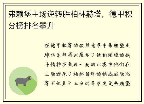 弗赖堡主场逆转胜柏林赫塔，德甲积分榜排名攀升